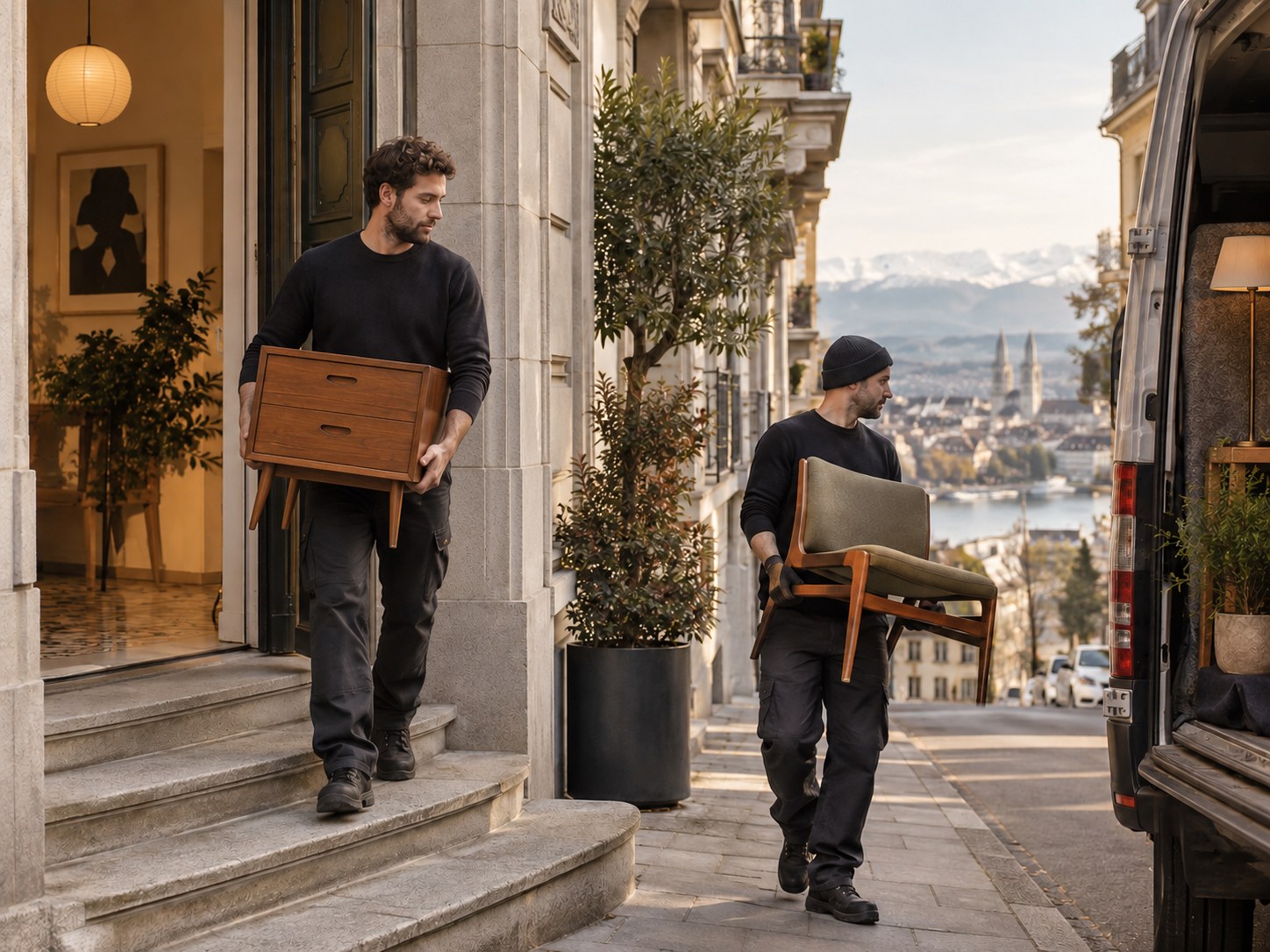 Möbelabholung in Zürich mit kleineren Secondhand-Möbeln vor einem Wohnhaus